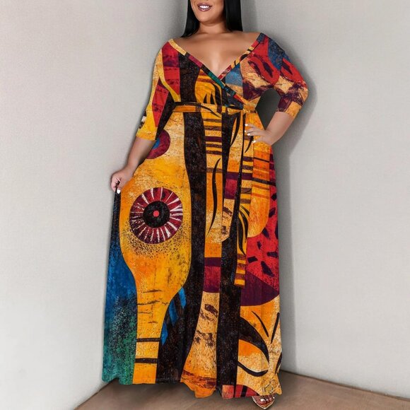 Plus Size Maxi Dress V-Neck 3/4 Sleeves Belt Floor Length Casual Formal - Picture 4 of 6